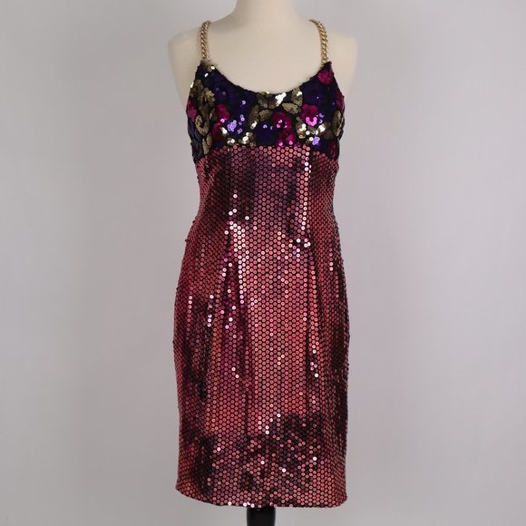 ❄ Vtg 80's Sequin Bodycon Dress Gold Chain Straps Party Cocktail Wedding Prom - Picture 3 of 6